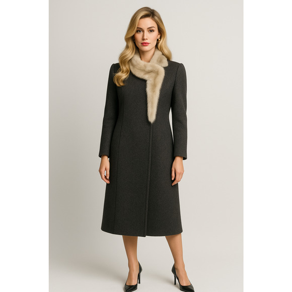 VTG Wool Dress Coat Large Gray Fur Trim Old Hollywood Mob Wife PennyLane Luxury - Picture 2 of 15